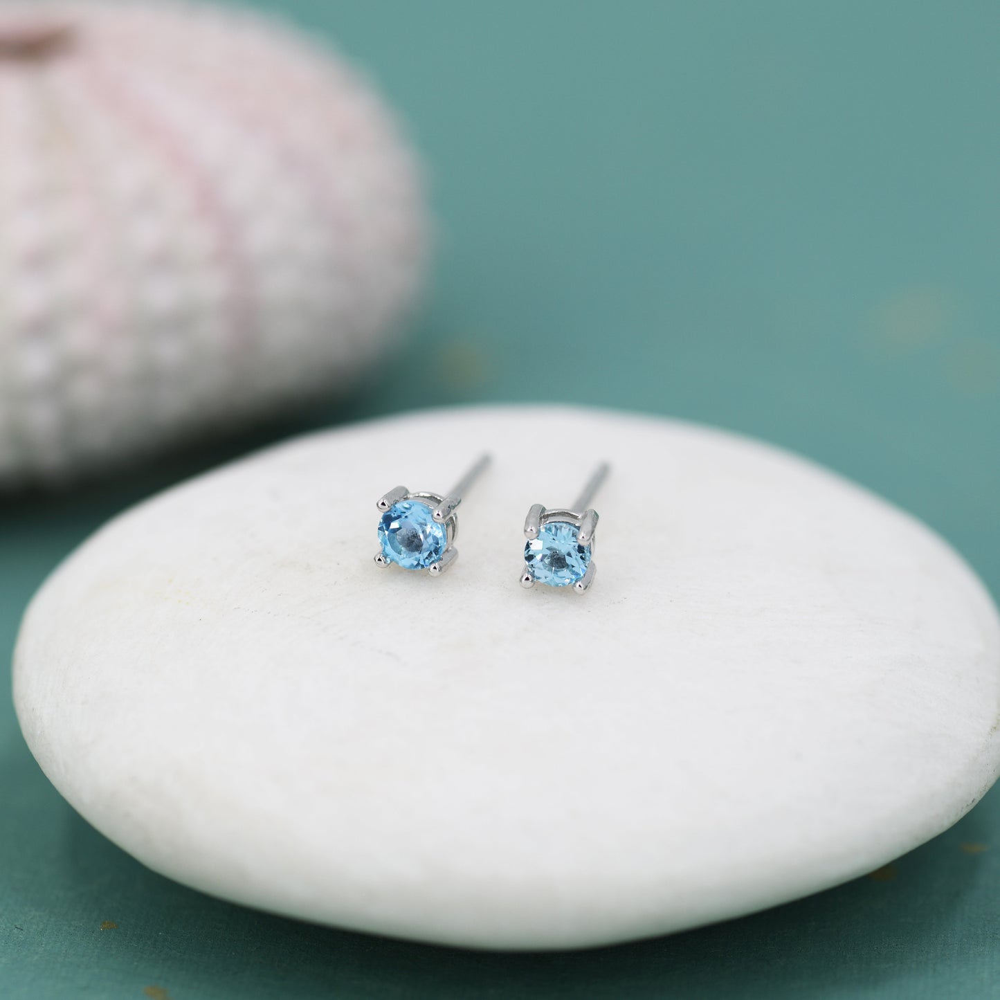 Extra Tiny 3mm Natural Swiss Blue Topaz Stud Earrings in Sterling Silver, Four Prong Set, Genuine Blue Topaz Gemstone Stud, Minimalist Style