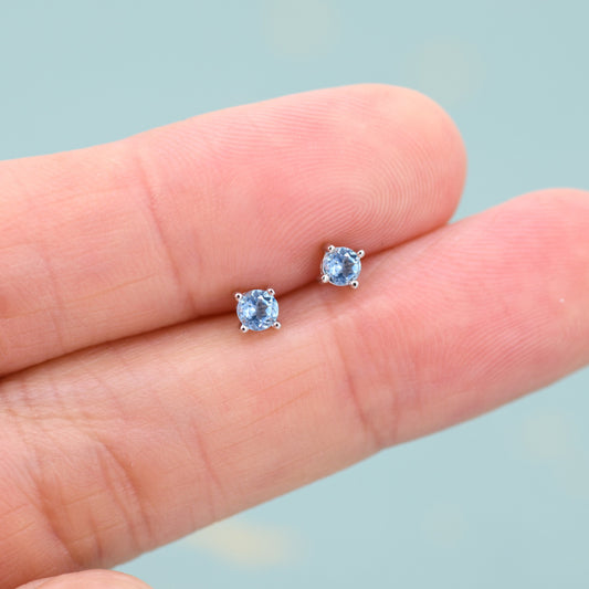 Extra Tiny 3mm Natural Swiss Blue Topaz Stud Earrings in Sterling Silver, Four Prong Set, Genuine Blue Topaz Gemstone Stud, Minimalist Style