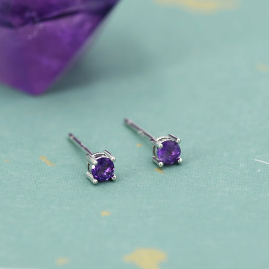 Extra Tiny 3mm Natural Amethyst Stud Earrings in Sterling Silver, Four Prong Set, Genuine Amethyst Gemstone Stud, February Birthstone