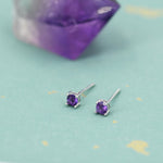 Extra Tiny 3mm Natural Amethyst Stud Earrings in Sterling Silver, Four Prong Set, Genuine Amethyst Gemstone Stud, February Birthstone