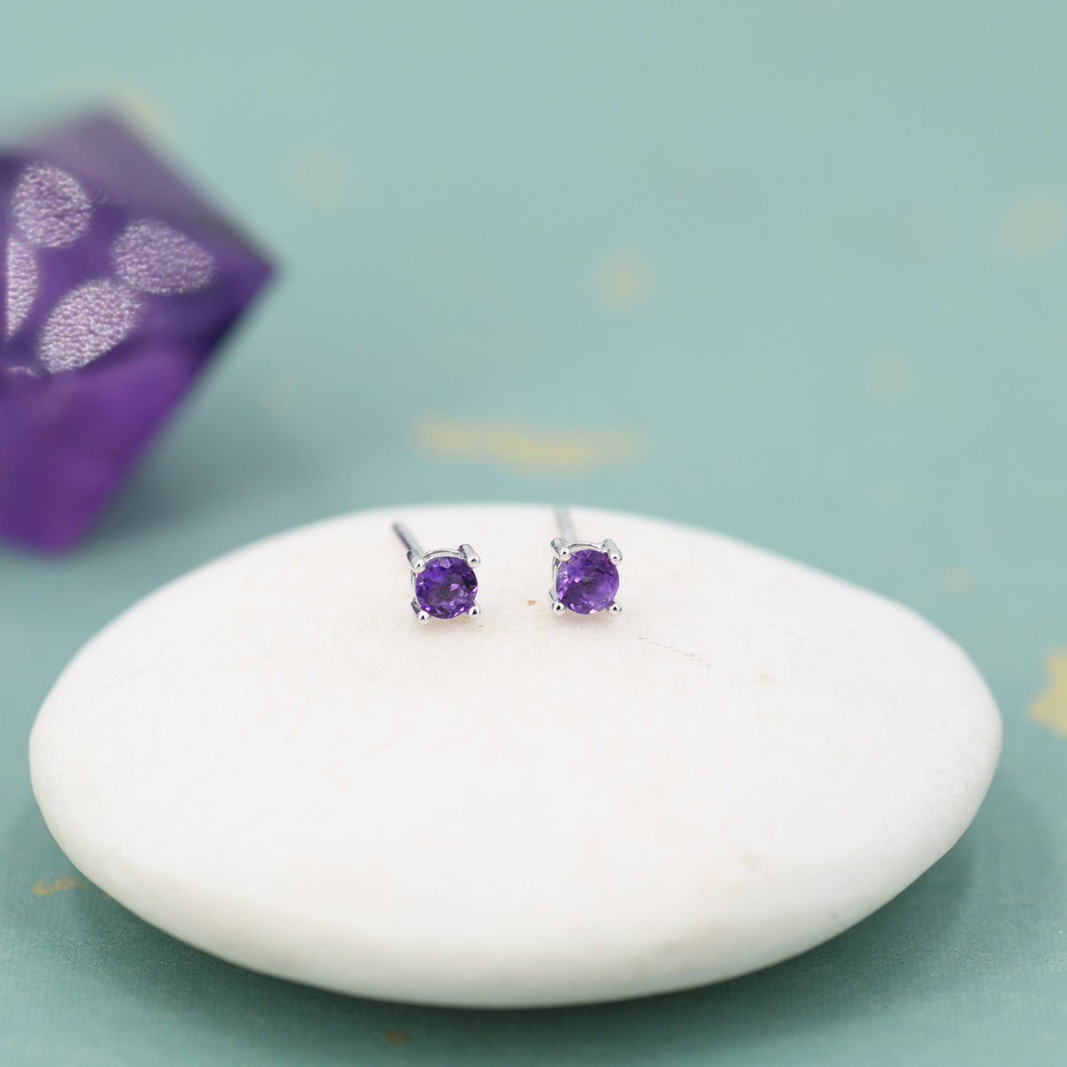 Extra Tiny 3mm Natural Amethyst Stud Earrings in Sterling Silver, Four Prong Set, Genuine Amethyst Gemstone Stud, February Birthstone