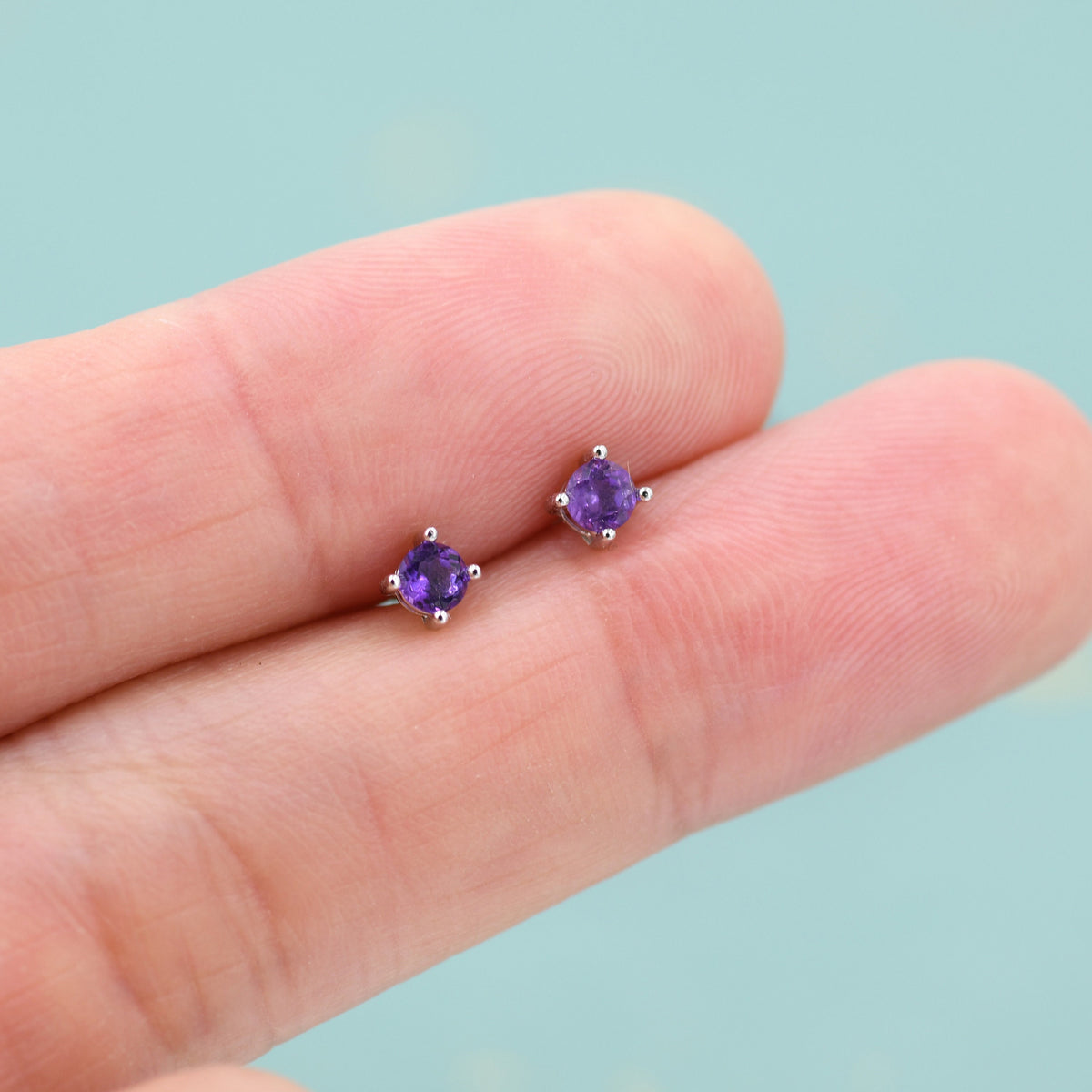 Extra Tiny 3mm Natural Amethyst Stud Earrings in Sterling Silver, Four Prong Set, Genuine Amethyst Gemstone Stud, February Birthstone