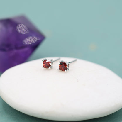 Extra Tiny Natural Garnet Stud Earrings in Sterling Silver, 4 Prong Set, Genuine Garnet Gemstone Stud, Minimalist Style, January Birthstone