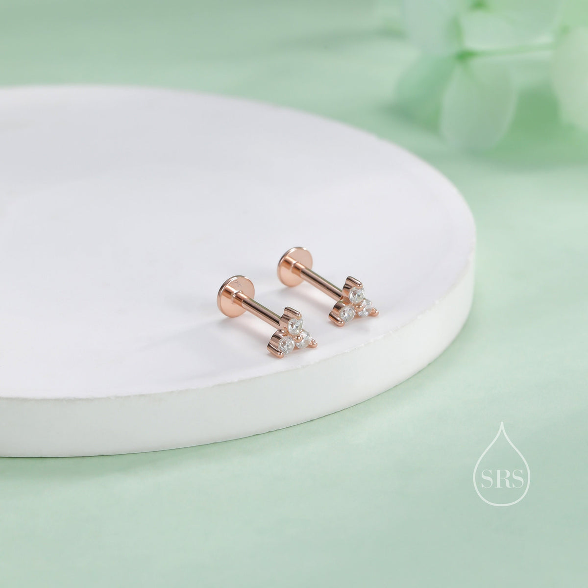 CZ Trio Internally Threaded Flat Back/Screw back(Barbell)/Stud Earrings in Sterling Silver, CZ Three Dot Trio, Piercing Jewellery