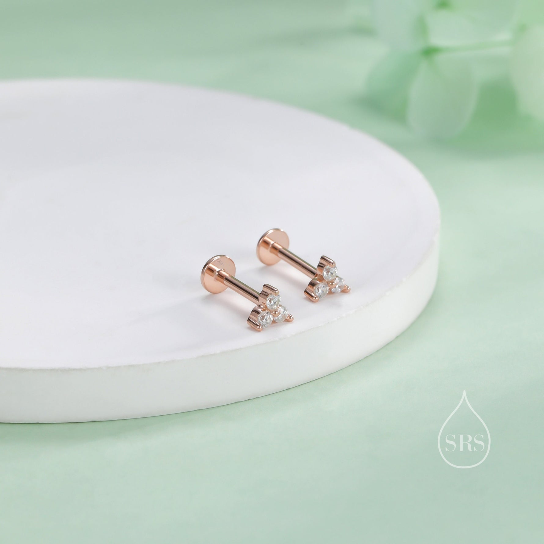 CZ Trio Internally Threaded Flat Back/Screw back(Barbell)/Stud Earrings in Sterling Silver, CZ Three Dot Trio, Piercing Jewellery