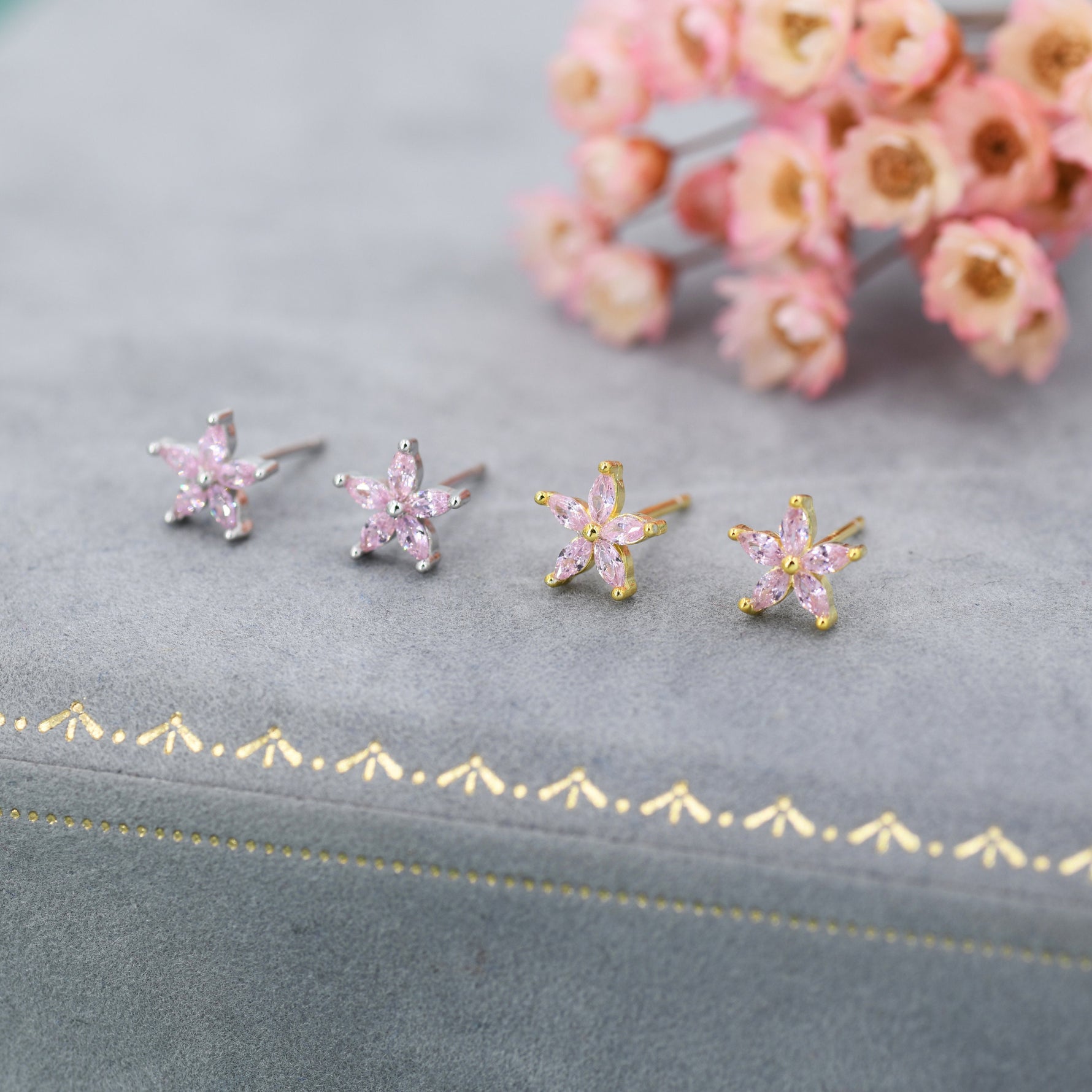 Sterling Silver Tourmaline Pink CZ Flower Stud Earrings, Gold or Silver, Stacking Earrings