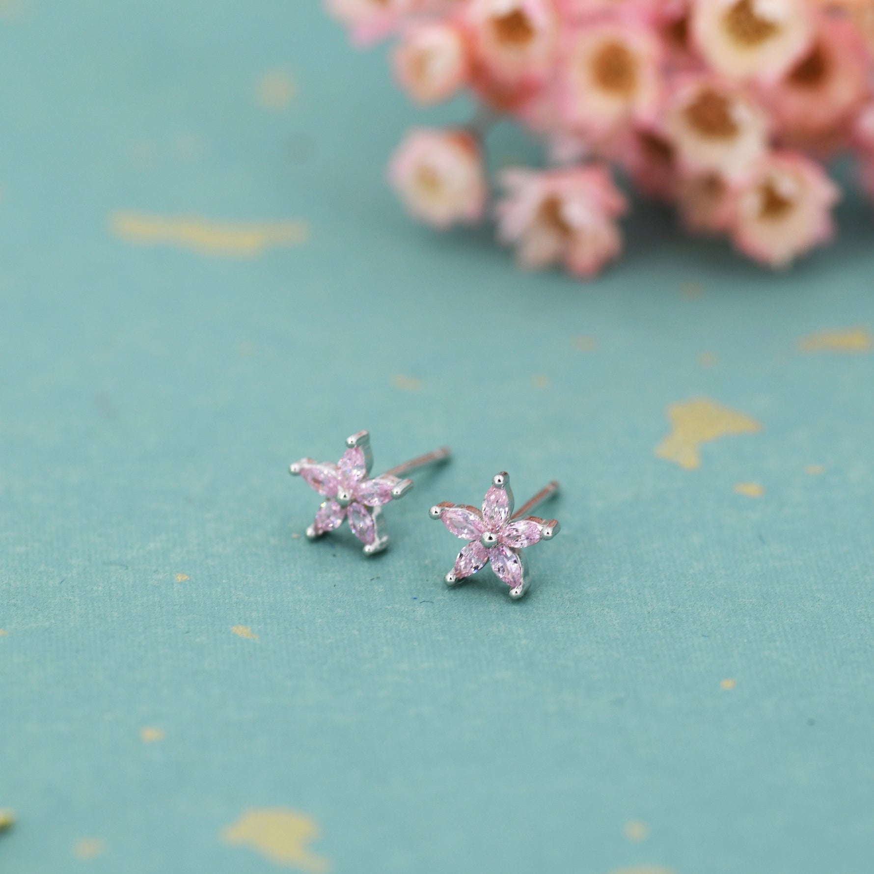 Sterling Silver Tourmaline Pink CZ Flower Stud Earrings, Gold or Silver, Stacking Earrings