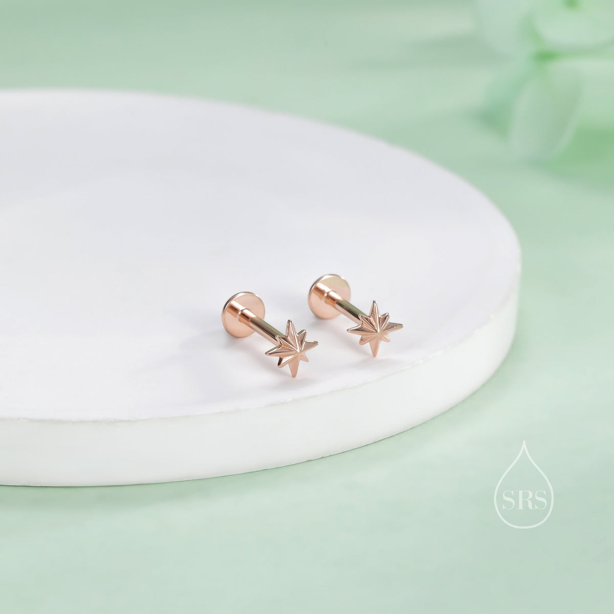 Internally Threaded Tiny Starburst Flat Back Earrings in Sterling Silver, Star Earrings, Piercing Jewellery