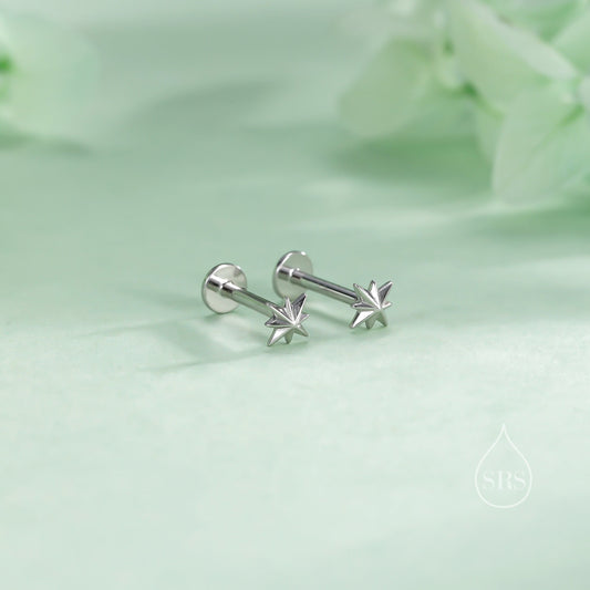 Internally Threaded Tiny Starburst Flat Back Earrings in Sterling Silver, Star Earrings, Piercing Jewellery