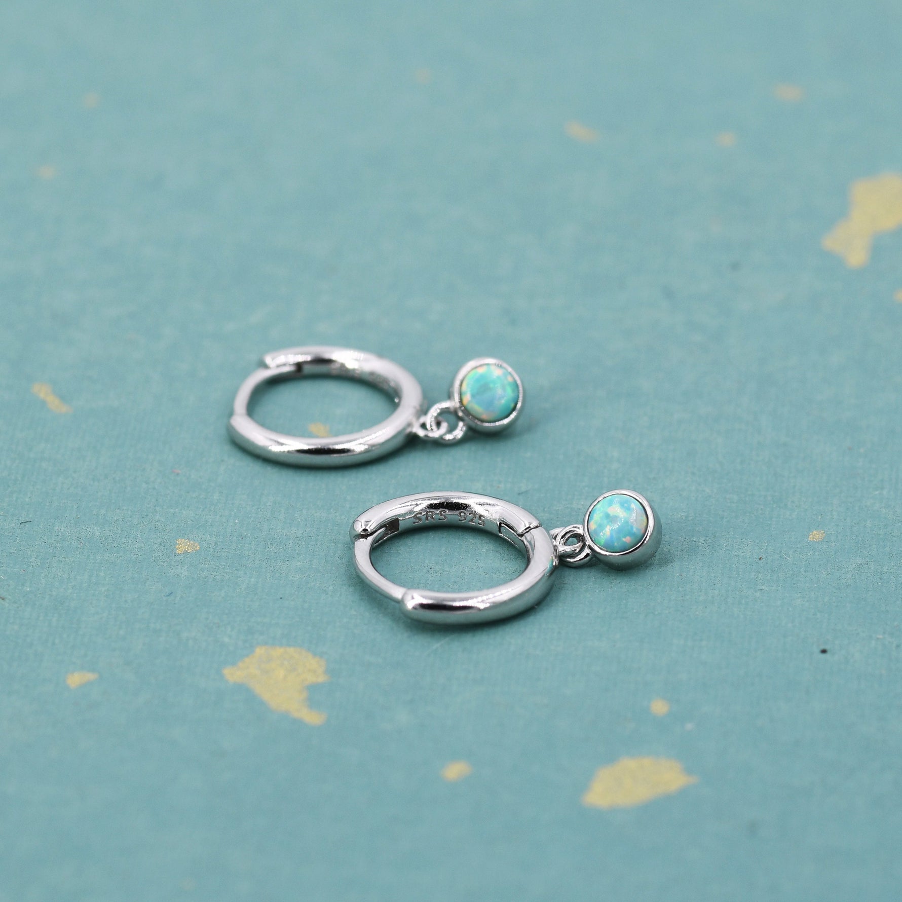 Sterling Silver Hoops with Tiny Dangling 3mm Green Opal, Aqua Green Opal Charm Dangle Hoop Earrings, Silver or Gold, Lab Opal Hoops