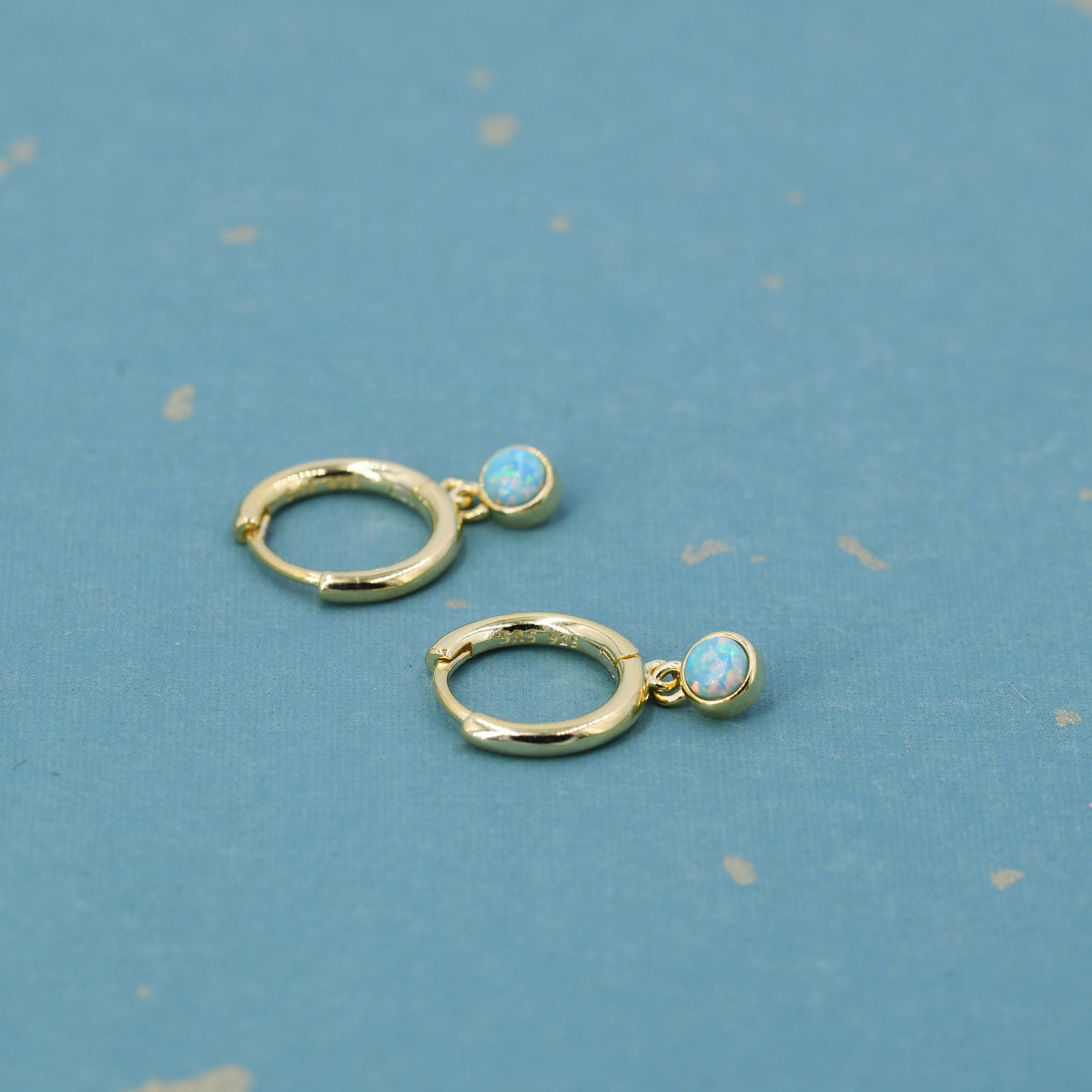 Sterling Silver Hoops with Tiny Dangling 3mm Green Opal, Aqua Green Opal Charm Dangle Hoop Earrings, Silver or Gold, Lab Opal Hoops