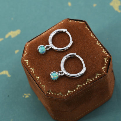 Sterling Silver Hoops with Tiny Dangling 3mm Green Opal,  Aqua Green Opal Charm Dangle Hoop Earrings, Silver or Gold, Lab Opal Hoops