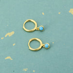Sterling Silver Hoops with Tiny Dangling 3mm Turquoise, Very Small Turquoise Charm Dangle Hoop Earrings, Silver or Gold
