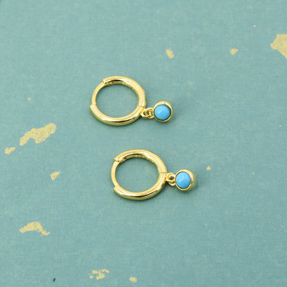 Sterling Silver Hoops with Tiny Dangling 3mm Turquoise, Very Small Turquoise Charm Dangle Hoop Earrings, Silver or Gold