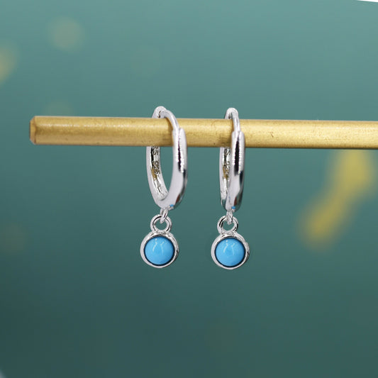 Sterling Silver Hoops with Tiny Dangling 3mm Turquoise, Very Small Turquoise Charm Dangle Hoop Earrings, Silver or Gold