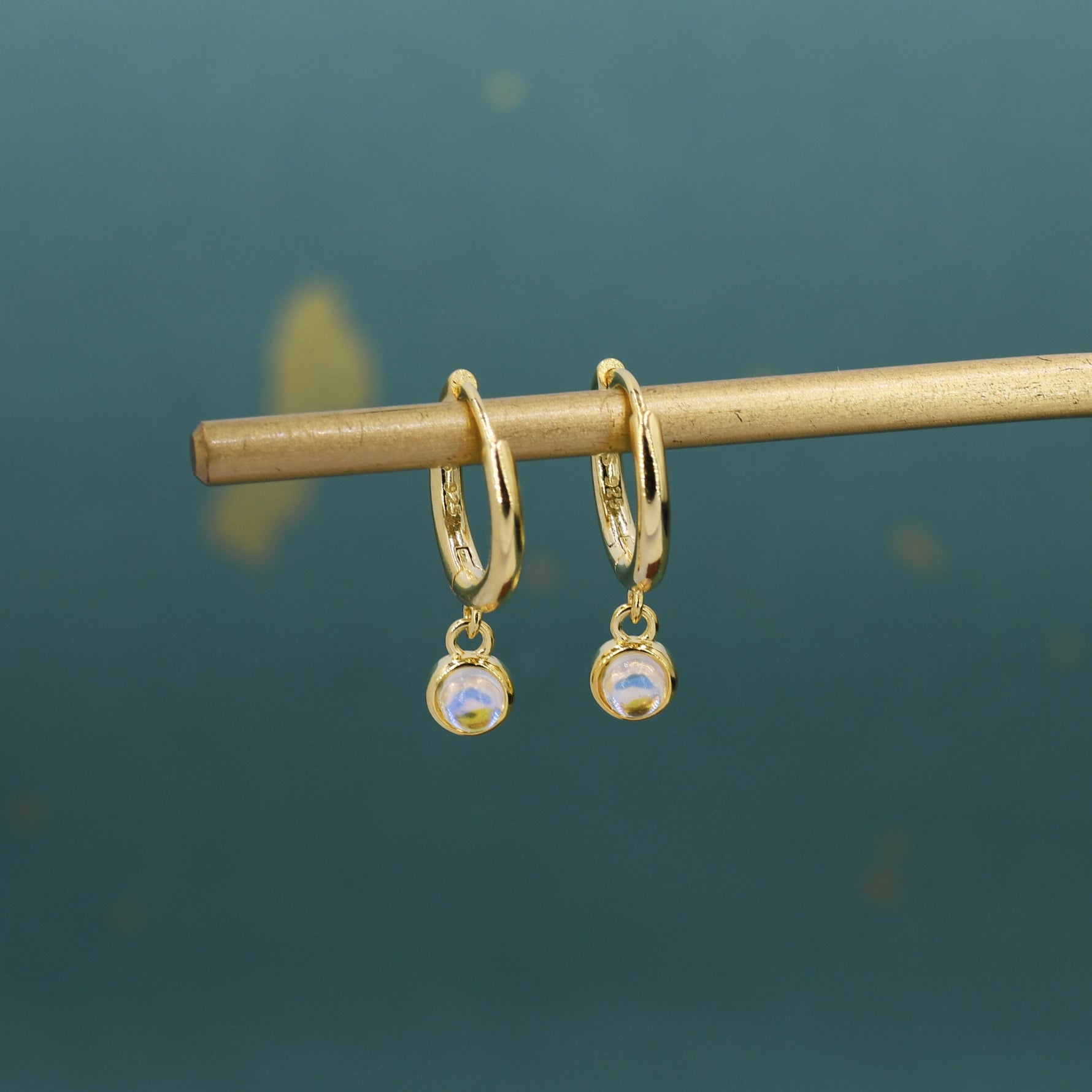 Sterling Silver Hoops with Tiny Dangling 3mm Moonstone, Very Small Lab Moonstone Charm Dangle Hoop Earrings, Silver or Gold