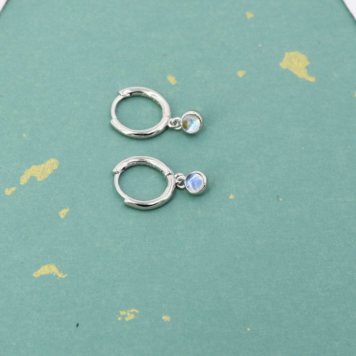 Sterling Silver Hoops with Tiny Dangling 3mm Moonstone, Very Small Lab Moonstone Charm Dangle Hoop Earrings, Silver or Gold