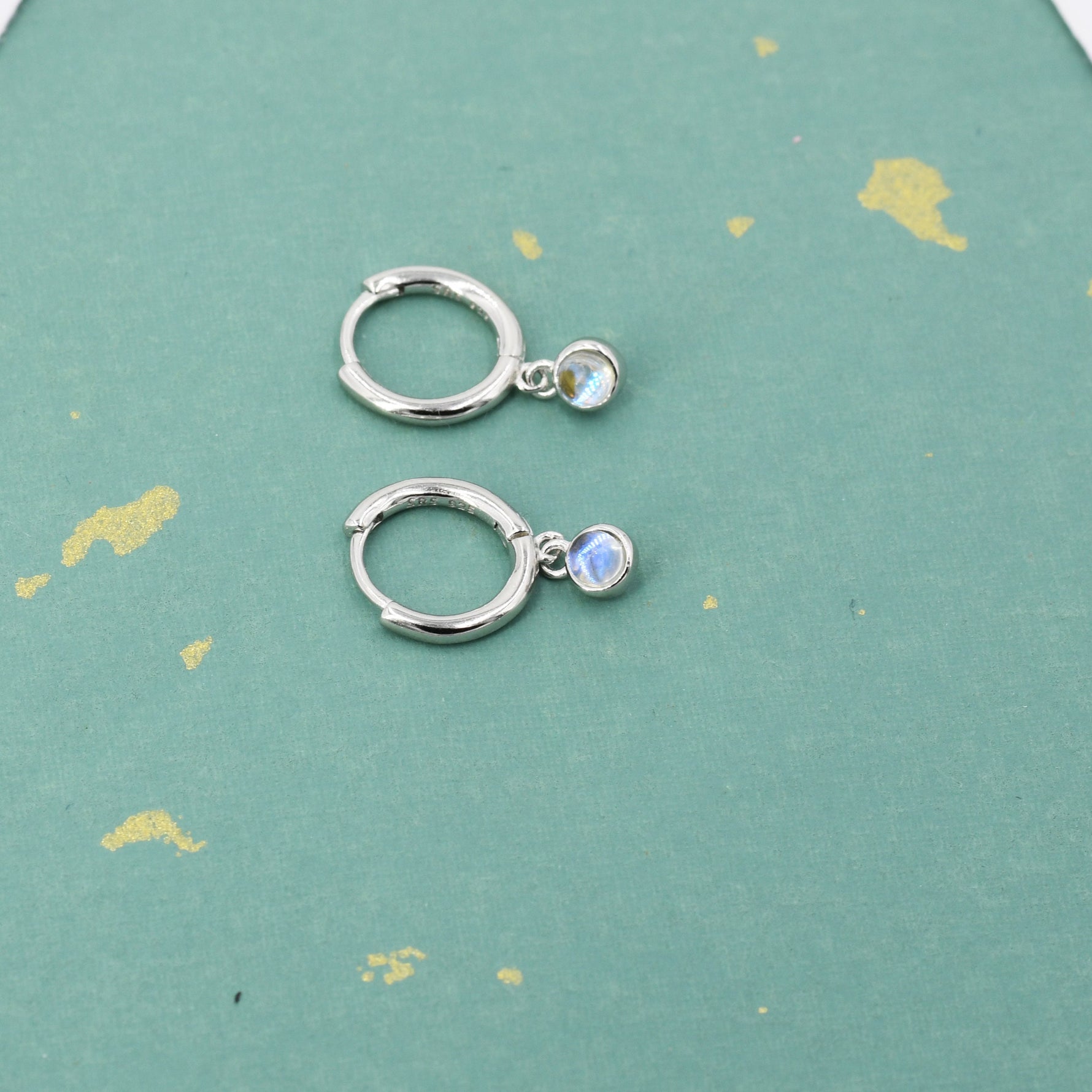 Sterling Silver Hoops with Tiny Dangling 3mm Moonstone, Very Small Lab Moonstone Charm Dangle Hoop Earrings, Silver or Gold