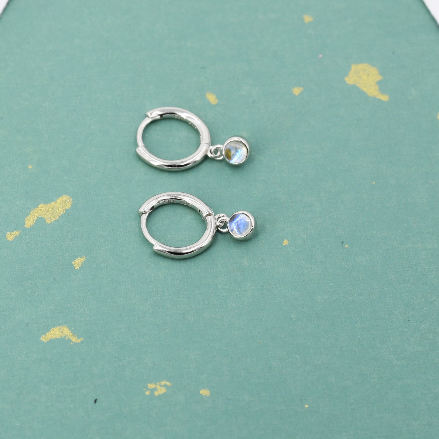 Sterling Silver Hoops with Tiny Dangling 3mm Moonstone, Very Small Lab Moonstone Charm Dangle Hoop Earrings, Silver or Gold