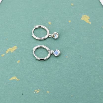 Sterling Silver Hoops with Tiny Dangling 3mm Moonstone, Very Small Lab Moonstone Charm Dangle Hoop Earrings, Silver or Gold