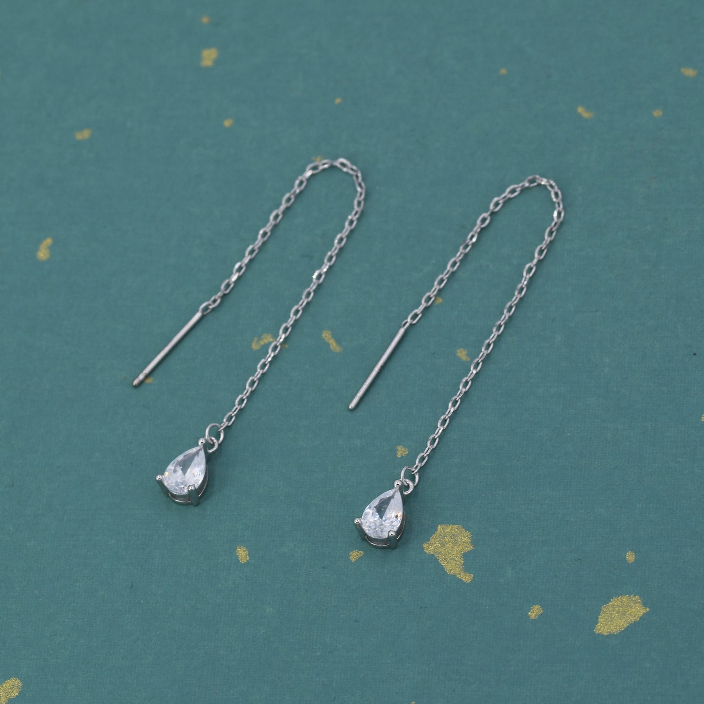 CZ Droplet Threader Earrings in Sterling Silver, Silver or Gold,  Pear Cut 4x6mm CZ Long Ear Threaders, Sparkly CZ Threaders,