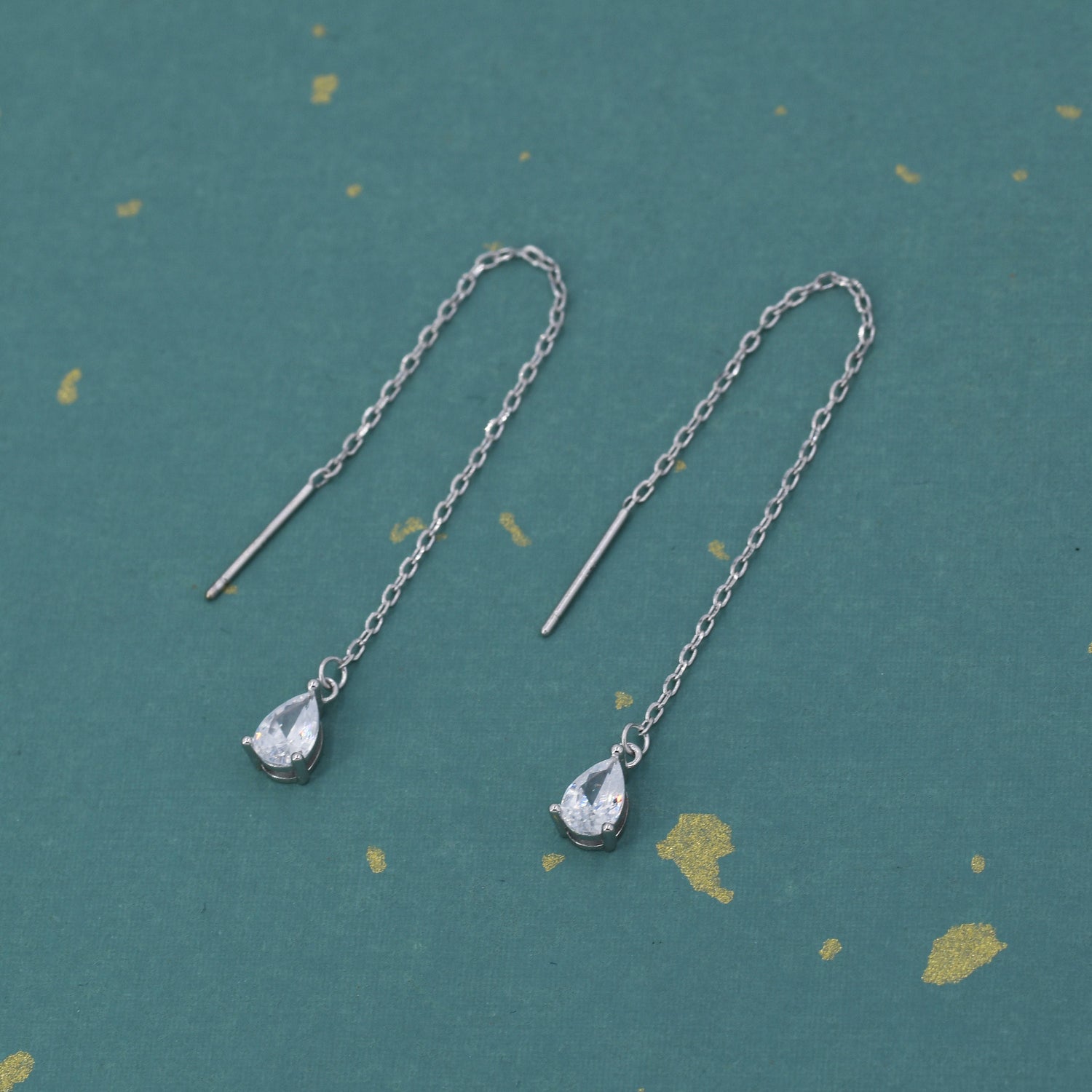 CZ Droplet Threader Earrings in Sterling Silver, Silver or Gold,  Pear Cut 4x6mm CZ Long Ear Threaders, Sparkly CZ Threaders