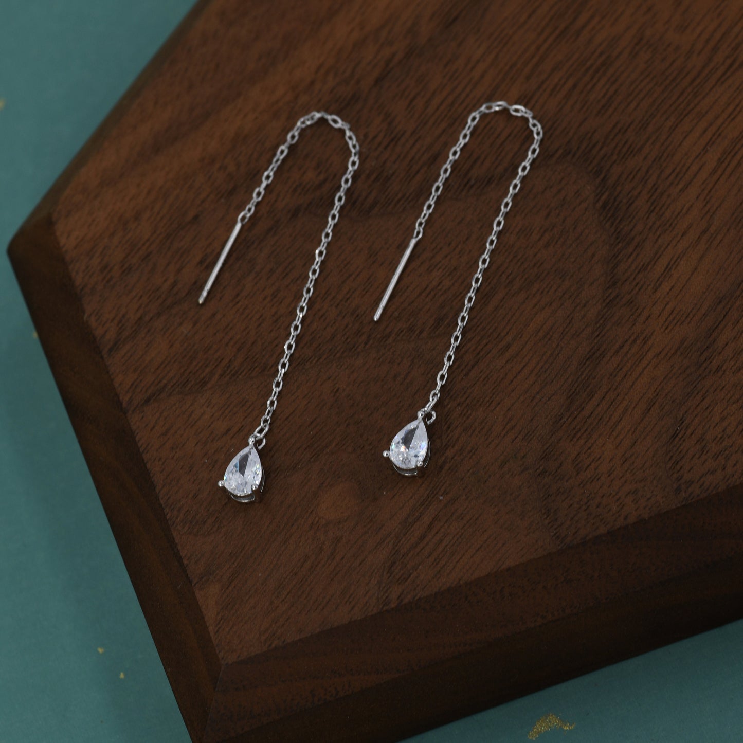 CZ Droplet Threader Earrings in Sterling Silver, Silver or Gold,  Pear Cut 4x6mm CZ Long Ear Threaders, Sparkly CZ Threaders,