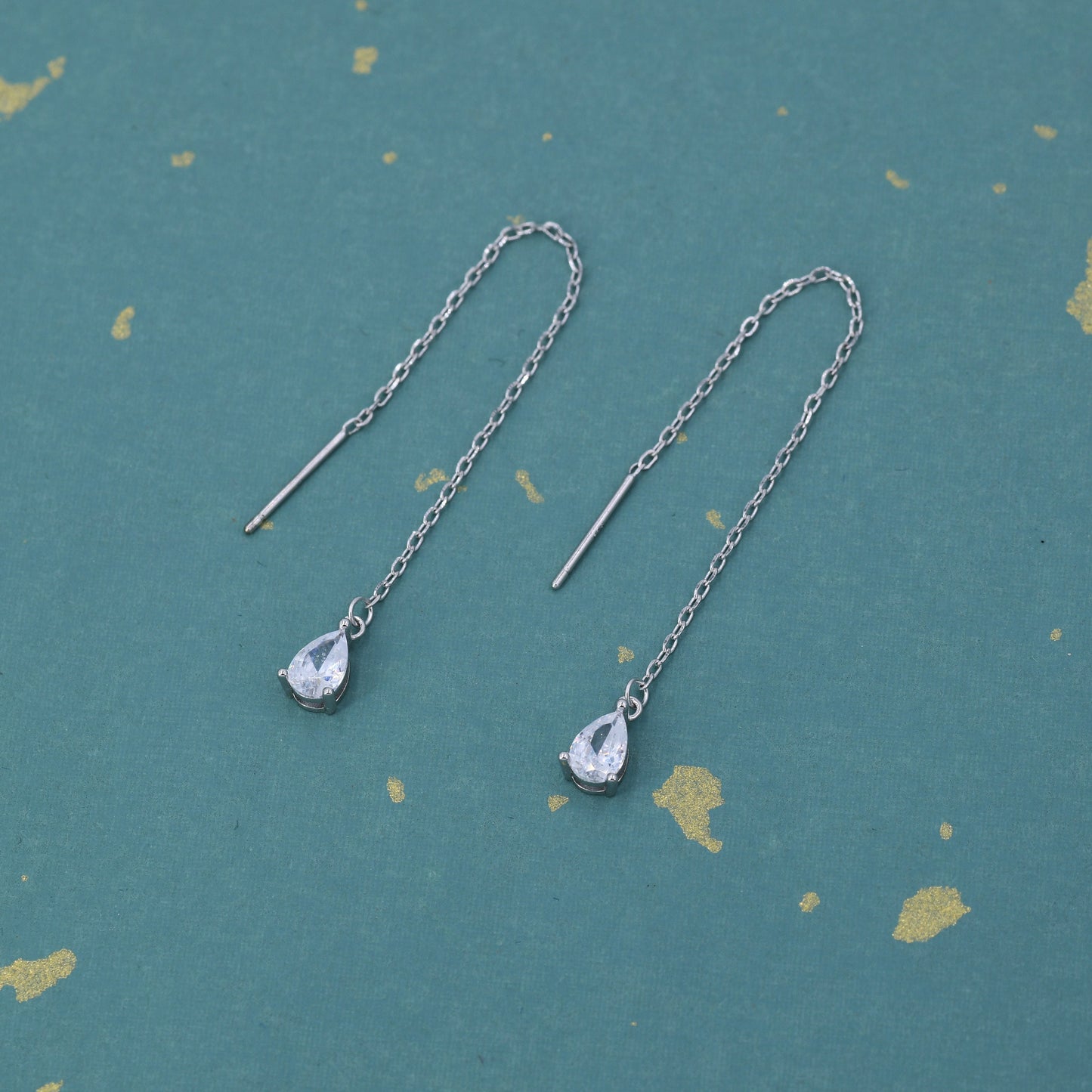 CZ Droplet Threader Earrings in Sterling Silver, Silver or Gold,  Pear Cut 4x6mm CZ Long Ear Threaders, Sparkly CZ Threaders,