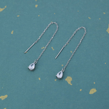 CZ Droplet Threader Earrings in Sterling Silver, Silver or Gold,  Pear Cut 4x6mm CZ Long Ear Threaders, Sparkly CZ Threaders,