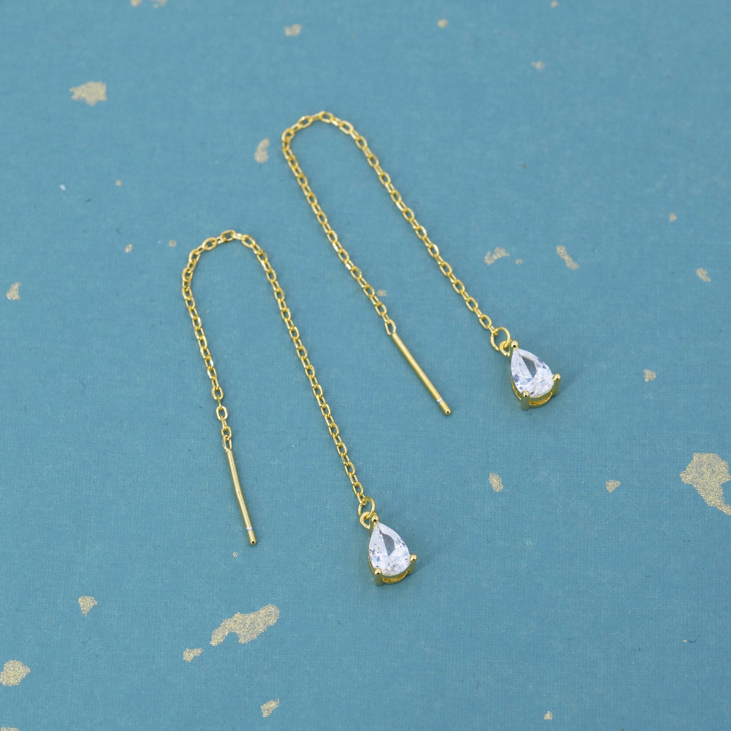 CZ Droplet Threader Earrings in Sterling Silver, Silver or Gold,  Pear Cut 4x6mm CZ Long Ear Threaders, Sparkly CZ Threaders,