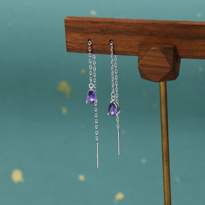 Amethyst Purple CZ Droplet Threader Earrings in Sterling Silver, Silver or Gold,  Pear Cut 4x6mm CZ Long Ear Threaders, Sparkly CZ Threaders