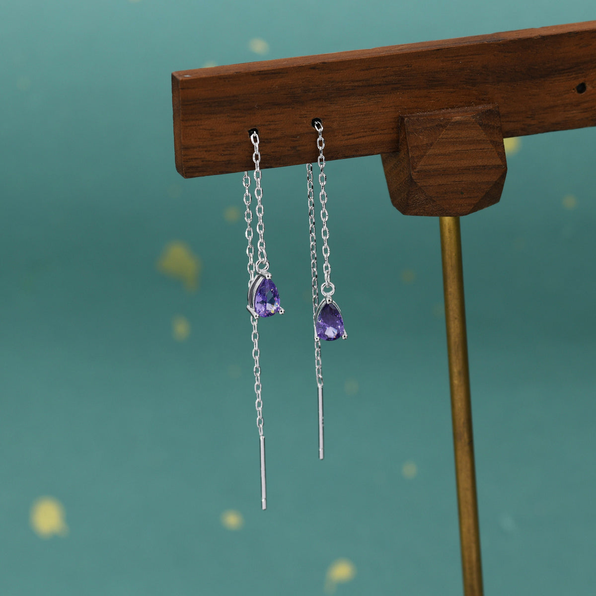 Amethyst Purple CZ Droplet Threader Earrings in Sterling Silver, Silver or Gold, Pear Cut 4x6mm CZ Long Ear Threaders, Sparkly CZ Threaders