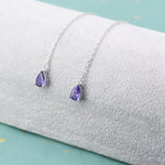 Amethyst Purple CZ Droplet Threader Earrings in Sterling Silver, Silver or Gold, Pear Cut 4x6mm CZ Long Ear Threaders, Sparkly CZ Threaders