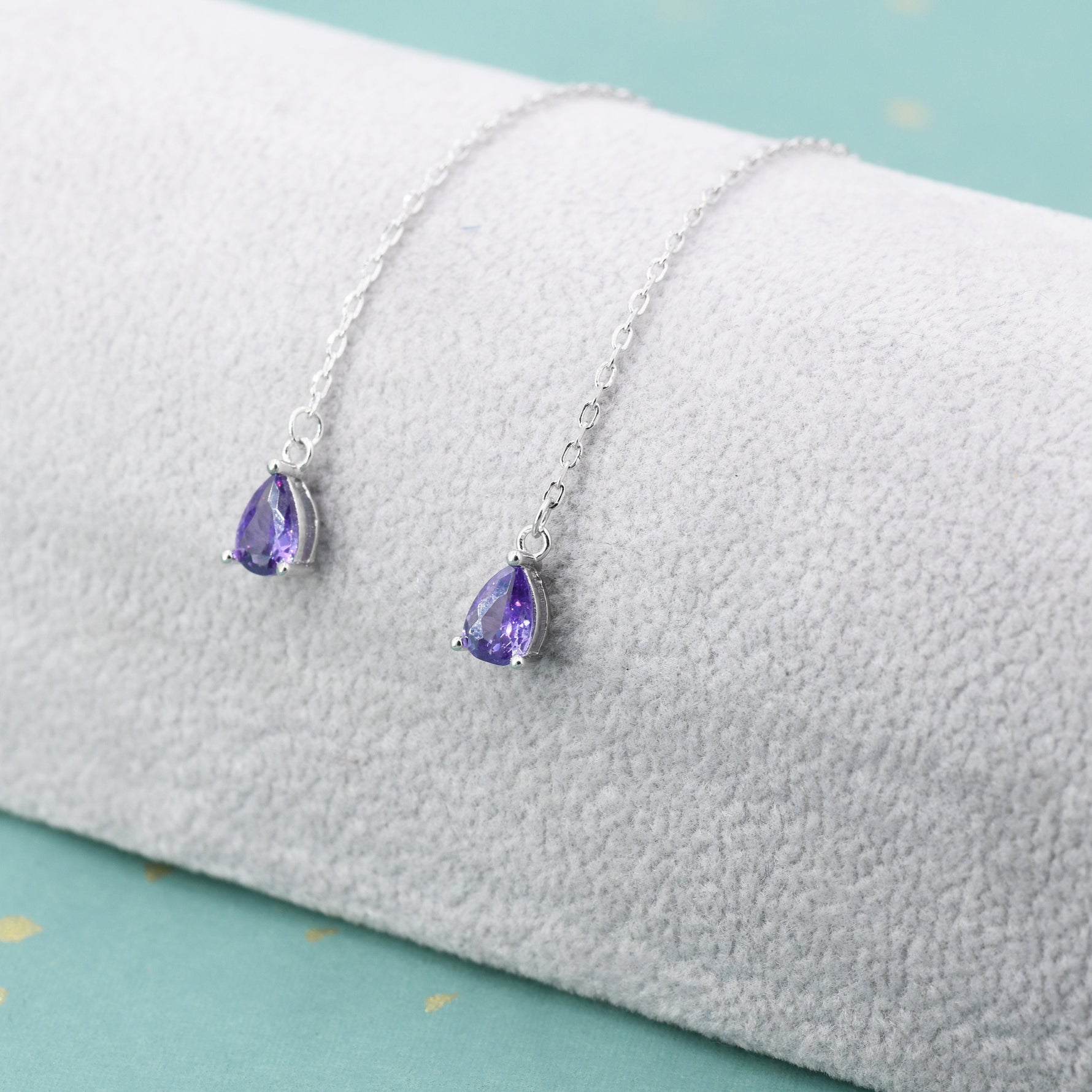 Amethyst Purple CZ Droplet Threader Earrings in Sterling Silver, Silver or Gold, Pear Cut 4x6mm CZ Long Ear Threaders, Sparkly CZ Threaders