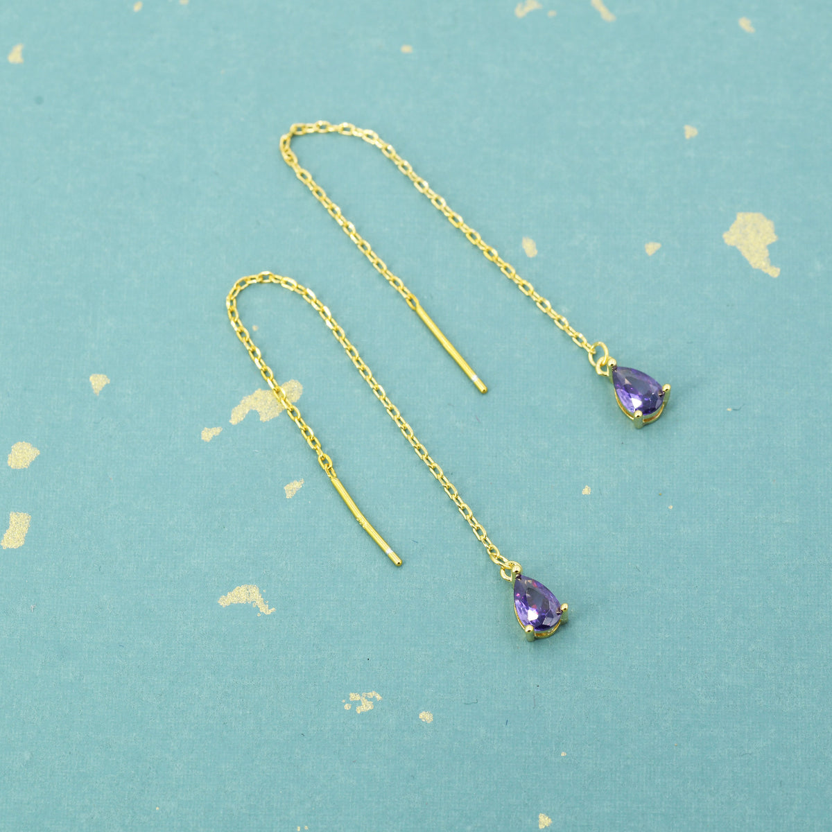 Amethyst Purple CZ Droplet Threader Earrings in Sterling Silver, Silver or Gold, Pear Cut 4x6mm CZ Long Ear Threaders, Sparkly CZ Threaders