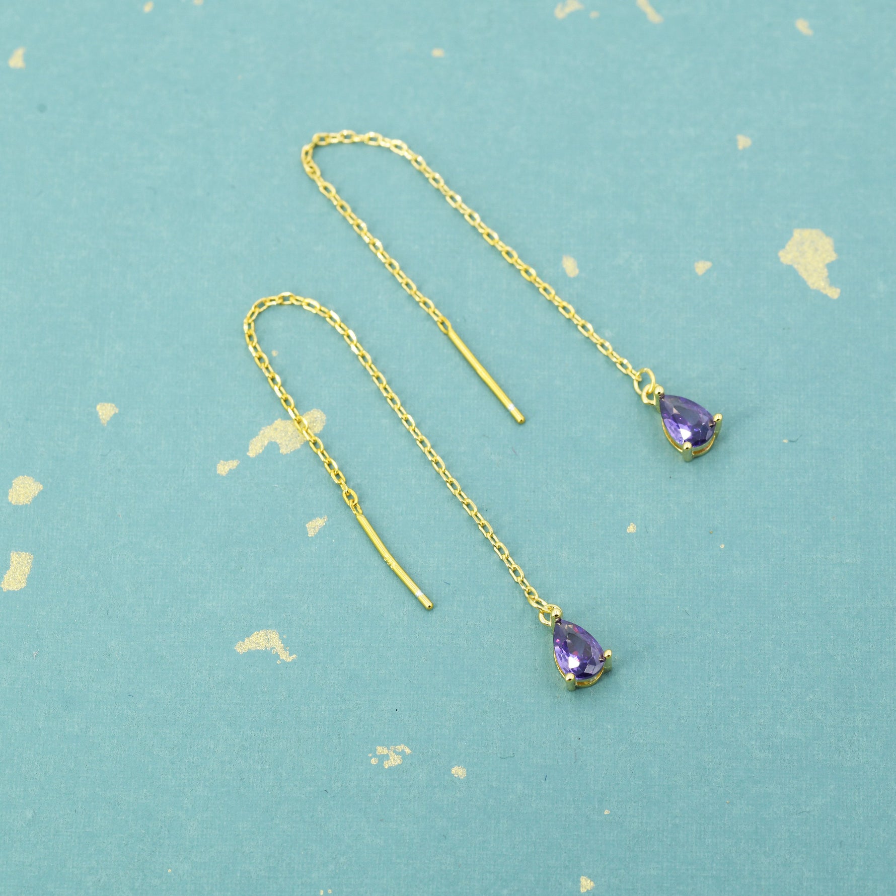 Amethyst Purple CZ Droplet Threader Earrings in Sterling Silver, Silver or Gold, Pear Cut 4x6mm CZ Long Ear Threaders, Sparkly CZ Threaders