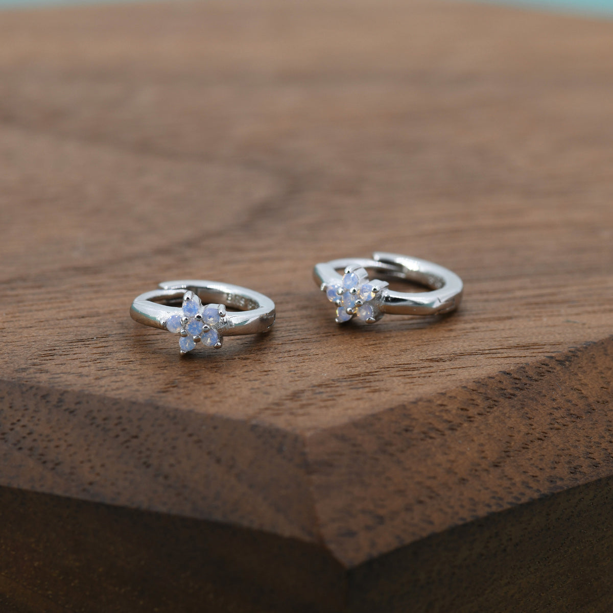 Opal Colour CZ Flower Huggie Hoop in Sterling Silver, Silver or Gold, Delicate Flower CZ Hoops, Tiny Flower Hoops, Tiny CZ Hoops