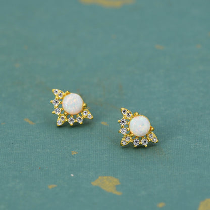 Vintage Inspired White Opal Flower CZ Stud Earrings, Lab Opal Halo CZ Earrings, Simulated Fire Opal Earrings