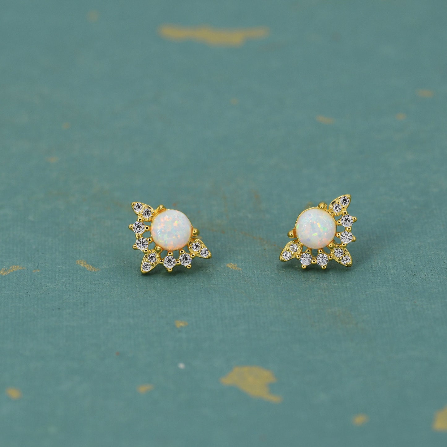 Vintage Inspired White Opal Flower CZ Stud Earrings, Lab Opal Halo CZ Earrings, Simulated Fire Opal Earrings