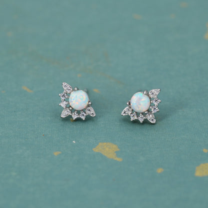 Vintage Inspired White Opal Flower CZ Stud Earrings, Lab Opal Halo CZ Earrings, Simulated Fire Opal Earrings