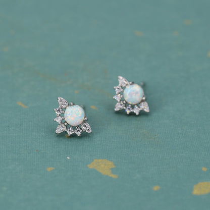 Vintage Inspired White Opal Flower CZ Stud Earrings, Lab Opal Halo CZ Earrings, Simulated Fire Opal Earrings