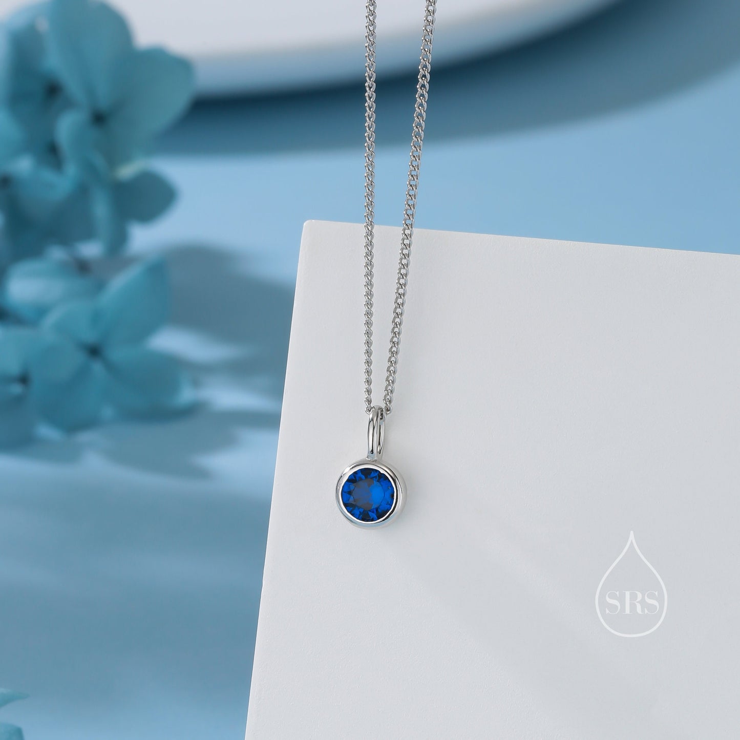 Sapphire Blue CZ Bubble Pendant Necklace  in Sterling Silver, Silver or Gold or Rose Gold, 1 Ct Zircon Bezel Necklace, September Birthstone