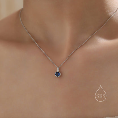 Sapphire Blue CZ Bubble Pendant Necklace  in Sterling Silver, Silver or Gold or Rose Gold, 1 Ct Zircon Bezel Necklace, September Birthstone