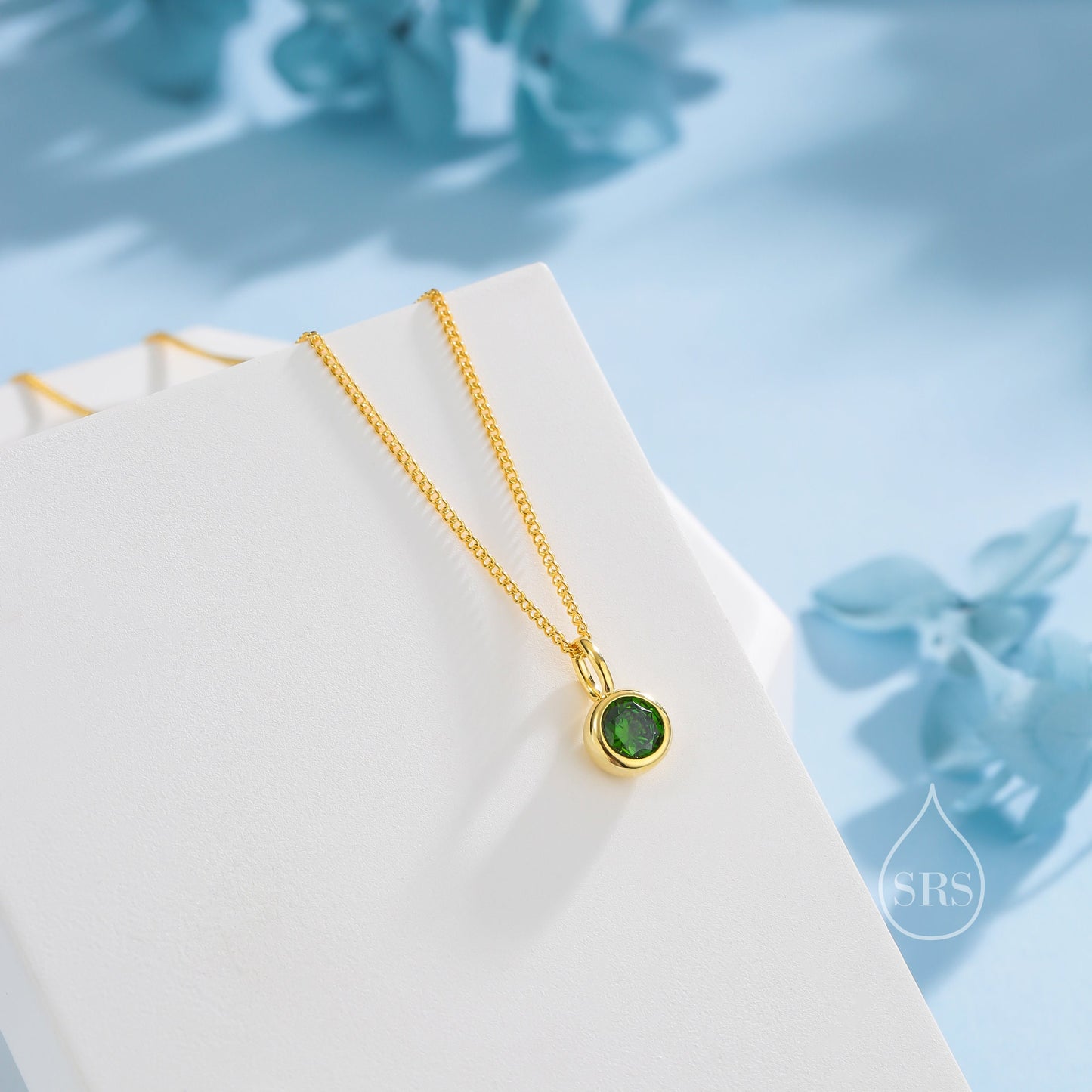 Emerald Green CZ Bubble Pendant Necklace  in Sterling Silver, Silver or Gold or Rose Gold, 1 Ct Zircon Bezel Necklace, May Birthstone