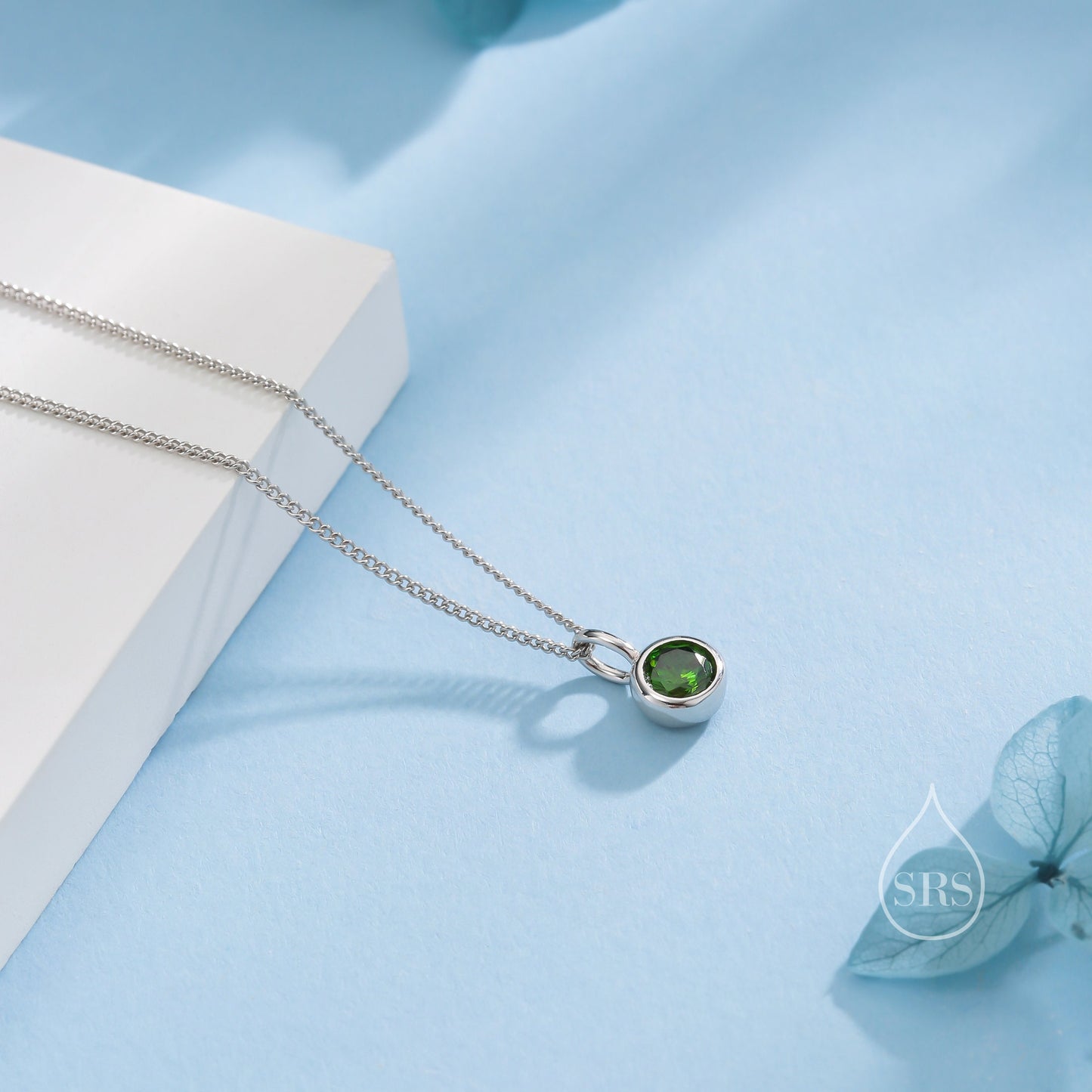 Emerald Green CZ Bubble Pendant Necklace  in Sterling Silver, Silver or Gold or Rose Gold, 1 Ct Zircon Bezel Necklace, May Birthstone