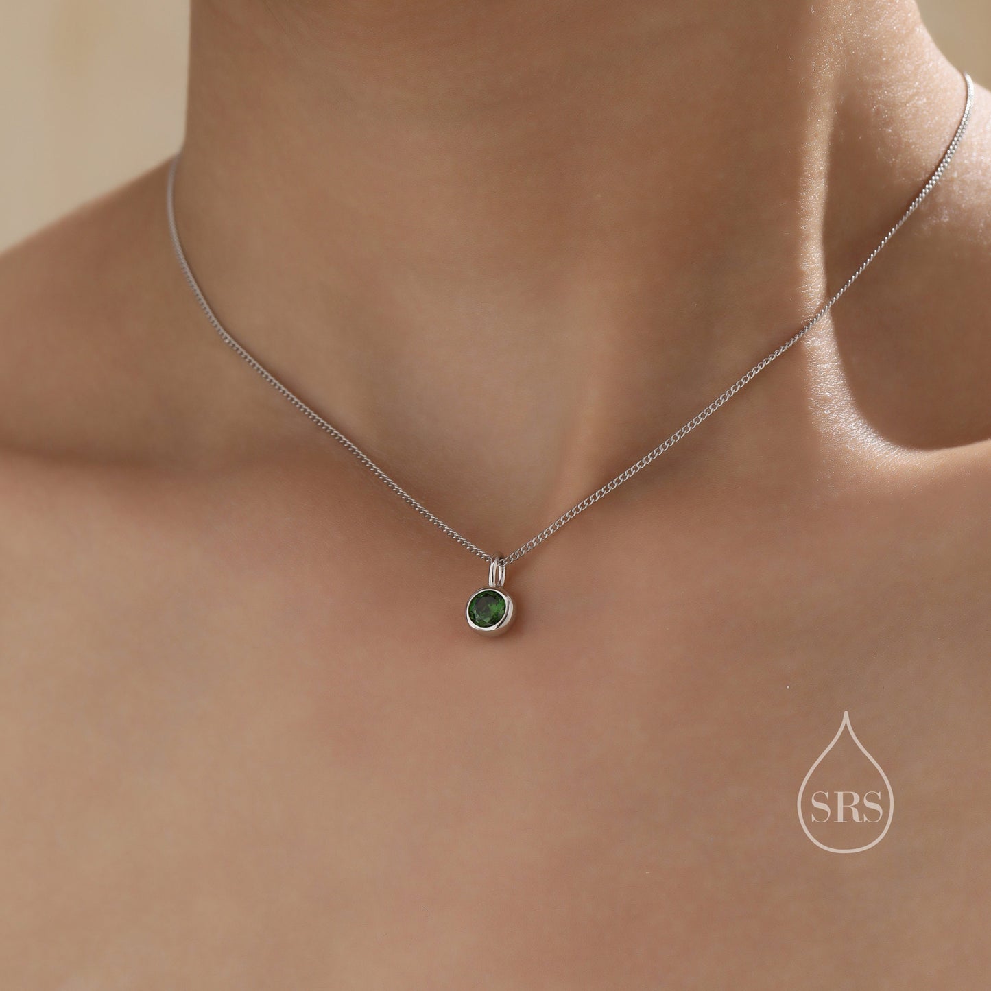 Emerald Green CZ Bubble Pendant Necklace  in Sterling Silver, Silver or Gold or Rose Gold, 1 Ct Zircon Bezel Necklace, May Birthstone