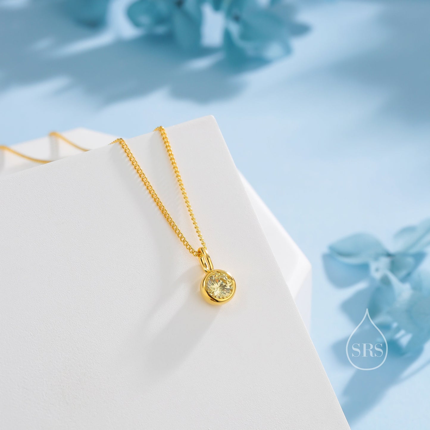 Citrine Yellow CZ Bubble Pendant Necklace  in Sterling Silver, Silver or Gold or Rose Gold, 1 Ct Zircon Bezel Necklace, November Birthstone