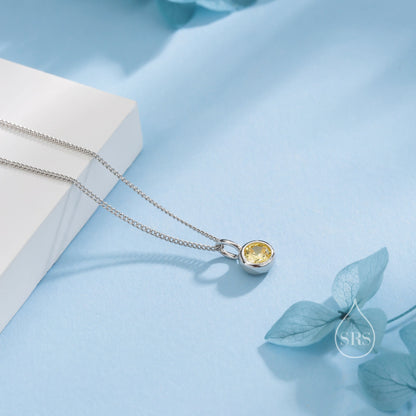 Citrine Yellow CZ Bubble Pendant Necklace  in Sterling Silver, Silver or Gold or Rose Gold, 1 Ct Zircon Bezel Necklace, November Birthstone