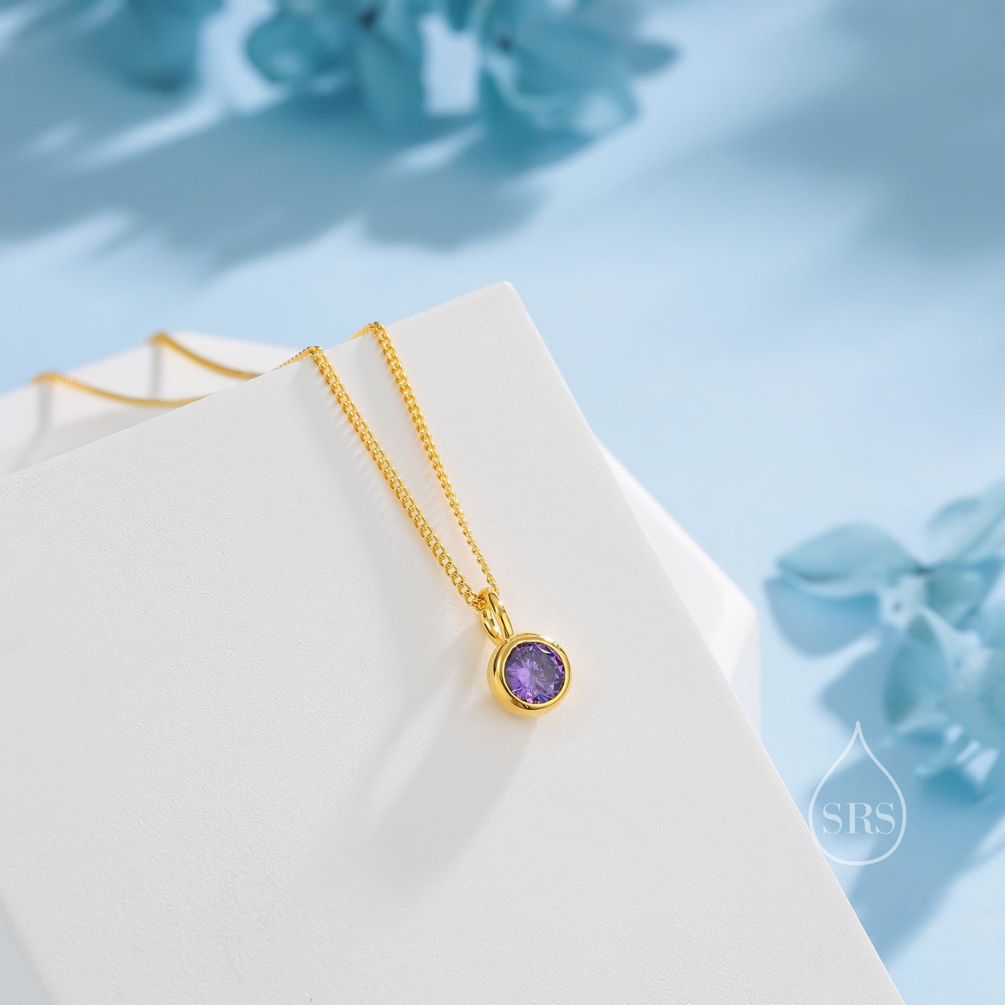 Amethyst Purple CZ Bubble Pendant Necklace  in Sterling Silver, Silver or Gold or Rose Gold, 1 Ct Zircon Bezel Necklace, February Birthstone