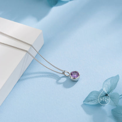 Amethyst Purple CZ Bubble Pendant Necklace  in Sterling Silver, Silver or Gold or Rose Gold, 1 Ct Zircon Bezel Necklace, February Birthstone